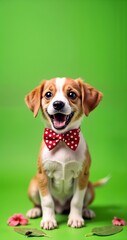 Playful dog in a bowtie, green background