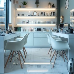 A nail technician workspace. The setting should include a clean, modern desk designed for nail art with two chairs placed on opposite sides of the desk.