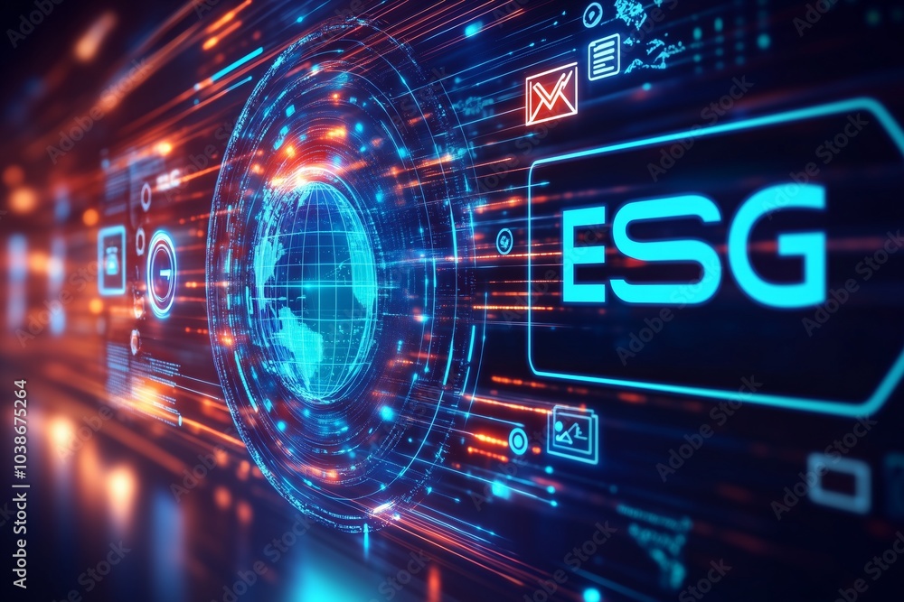 Poster a digital image depicting esg concepts with a global network interface and technology theme, conveyi