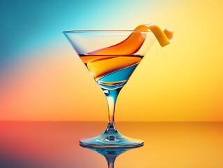 A vibrant cocktail glass featuring a colorful drink and a citrus twist against a bright, gradient backdrop.
