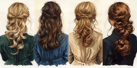 Four elegant hairstyles showcasing various techniques for casual or formal occasions