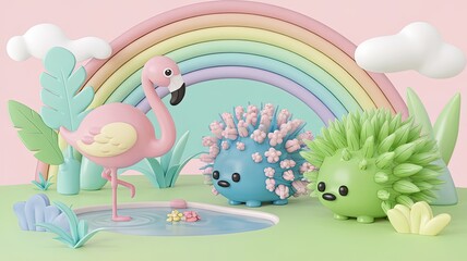 Obraz premium A whimsical scene featuring colorful, cute animals by a pond beneath a rainbow, with fluffy clouds adding to the cheerful atmosphere.