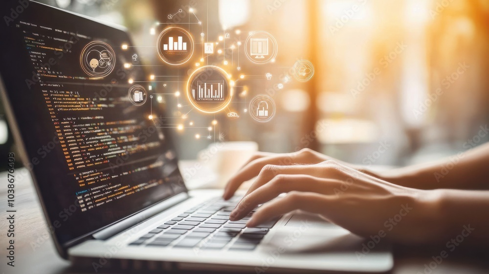 Poster person using laptop with digital icons for analytics and automation floating above the keyboard