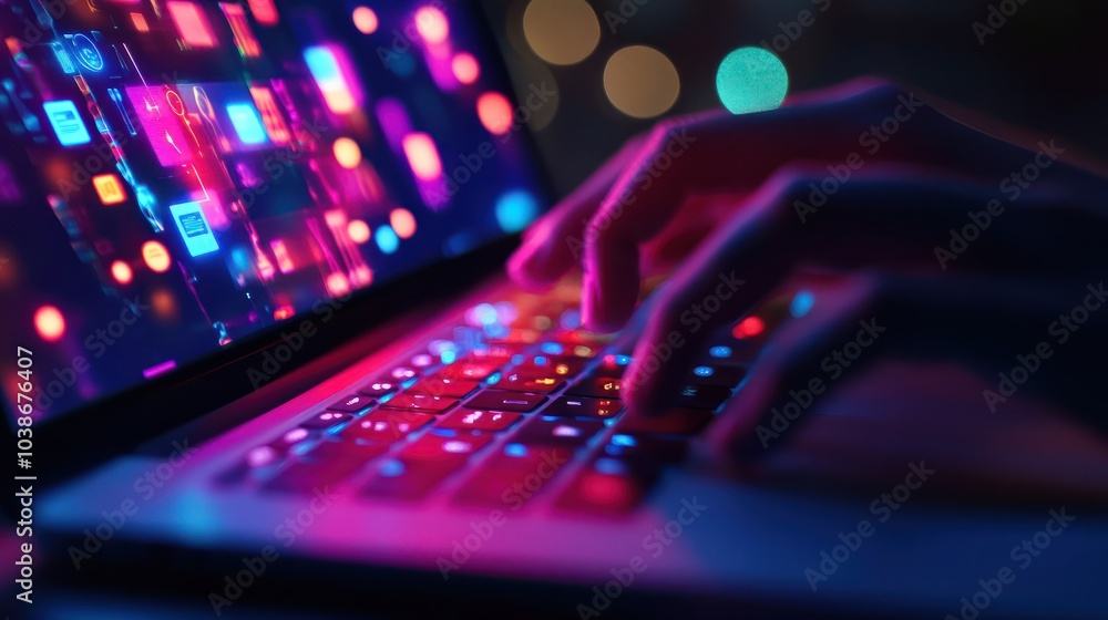 Poster person using laptop with digital icons for analytics and automation floating above the keyboard
