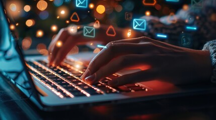 Hands Typing on Laptop with Glowing Icons