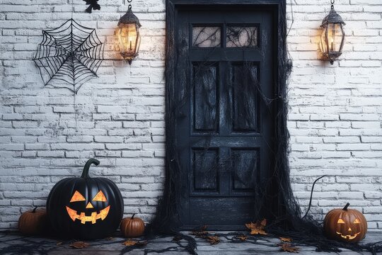 Halloween party decorations adorning the door and wall of a room with a white brick background, featuring ample copy space for text.