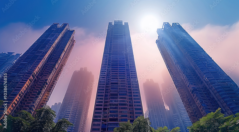 Poster a high-rise architecture building and futuristic architecture together.