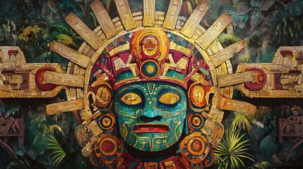 Obraz premium The image features a vibrant and intricately designed depiction of an ancient deity or idol, prominently displayed against a lush, jungle-like background. The face of the deity is painted in shades of