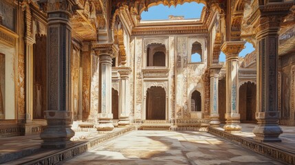 Obraz premium A grand ancient Indian palace with detailed frescoes and towering pillars, with a romantic wind flowing through its open courtyards
