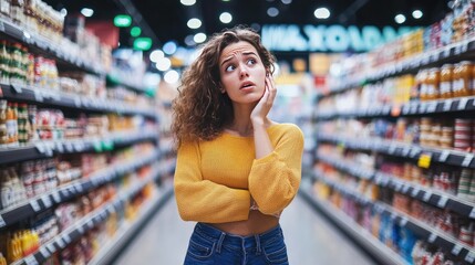 A confused shopper standing alone in a large store, looking for assistance with no employees available, capturing the feeling of frustration