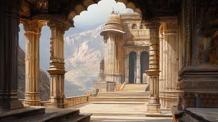 Obraz premium A grand ancient Indian palace with detailed frescoes and towering pillars, with a romantic wind flowing through its open courtyards
