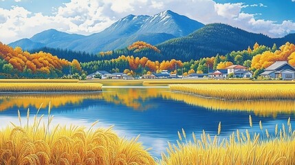 Fototapeta premium Beautiful natural scenery in autumn in illustration style