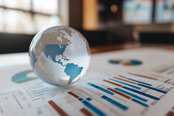 A transparent globe rests on financial documents showcasing bar graphs, representing global business analysis in an office environment.