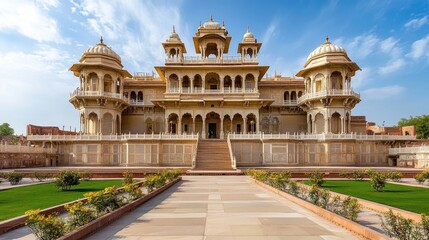 Obraz premium A historical masterpiece, the ancient Indian palace stands with grandeur, wind flowing through its intricate carvings and open spaces