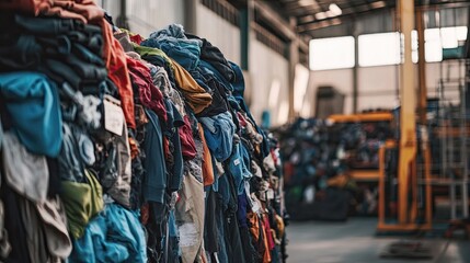 A large mound of various garments and textiles in a recycling center, emphasizing the importance of reducing clothing waste and embracing sustainability