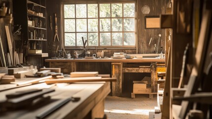 A tranquil woodworking workshop with hand tools and lumber stacks, Sawdust-covered workbenches and woodworking projects in progress, Rustic craftsmanship style