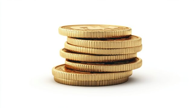 Realistic stack of gold coins with detailed textures, isolated on a white background