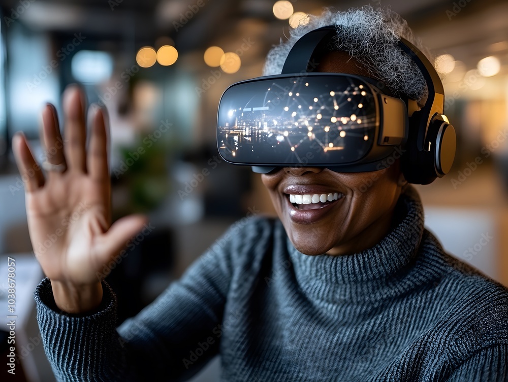 Poster smiling elderly woman using virtual reality headset interacting with digital network interface
