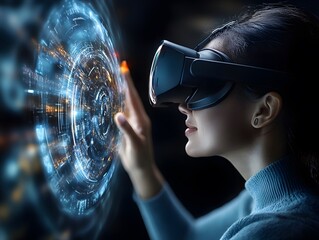 Woman exploring futuristic digital interface using virtual reality headset with glowing holographic elements
