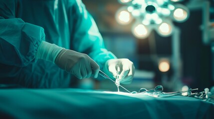 A surgeon performing a delicate operation in a sterile operating room, with surgical instruments and bright lights, Medical surgery scene