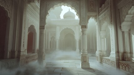Fototapeta premium Breathtaking view of a grand, ancient Indian palace with intricate carvings and towering arches, with a romantic wind flowing through the hallways