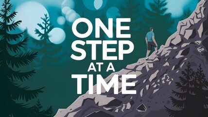 Fototapeta premium Motivational illustration of person walking up mountain path, lush forest