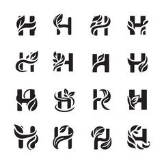 Minimal letter H logos set with leaf design, organic vector monograms, eco branding symbols, creative nature based logo templates and graphic icons

