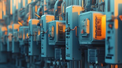 Rows of high-voltage transformers and switchgear in an electrical plant yard