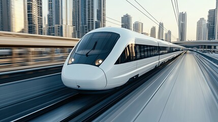 Fototapeta premium A sleek, modern train speeding through a cityscape, showcasing advanced transportation technology and urban infrastructure.