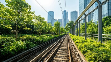Obraz premium A tranquil urban scene showcasing railway tracks bordered by lush greenery, with modern skyscrapers in the background under bright sunlight.