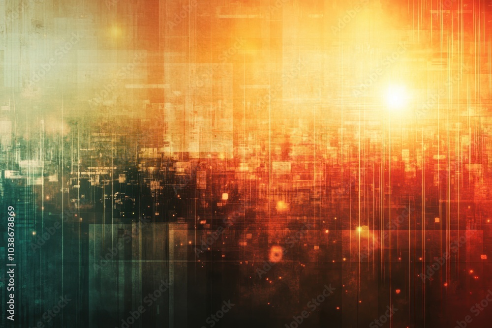 Poster abstract digital pattern with vibrant colors and glowing elements in a textured background
