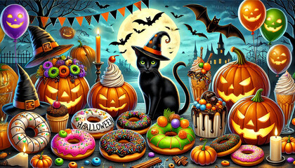 Halloween party with Donut dessert with Black Cat and pumpkin
