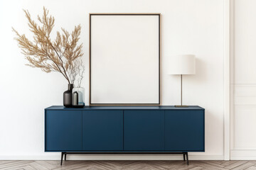 Modern interior design featuring stylish blue sideboard with decorative elements, including vase with dried plants and lamp, creating serene atmosphere