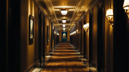 Hallway with minimalist details, highlighting a small framed painting and recessed lighting