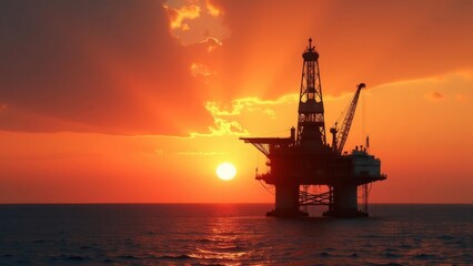 Obraz premium Offshore oil rig silhouetted against vibrant sunset over calm sea