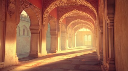 Obraz premium Enchanting halls of an ancient Indian palace where the wind plays through the arches, bringing life to the intricate designs and cultural heritage