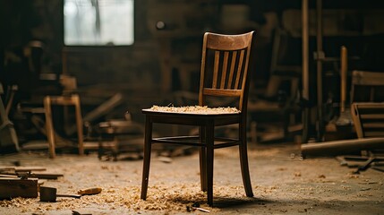 A rustic wooden chair sits in a dim workshop, surrounded by sawdust, highlighting craftsmanship and a tranquil, artistic atmosphere.