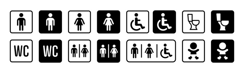 WC sign icon set. Restroom sign collection. Man and woman unisex public toilet vector illustration. Handicapped lavatory symbol. Male, female and disabled person silhouette. Baby WC pictogram