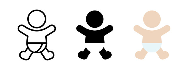 Baby icon. Child symbol. Kid vector illustration. Infant sign. Toddler with diaper pictogram. Newborn with nappy concept. Baby boy silhouette. Children icon set.