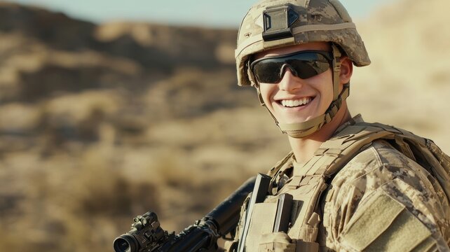 A young male soldier in desert combat gear smiles confidently during a military operation in a desert environment, holding a rifle.