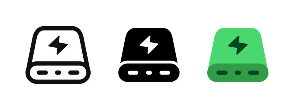 Battery charger icon. Portable power bank vector illustration. Electronic device charging symbol. Green battery accumulator sign. Phone charging power bank pictogram in three different styles