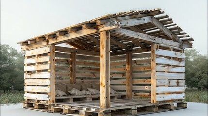 An emergency shelter with a simple minimal structure made of wooden pallets combined together, easy to build.