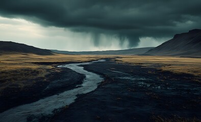 Drought-affected cracked land under stormy sky