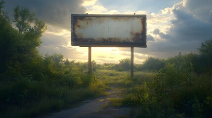 Nostalgic Vintage Billboard Framed by Weathered Wooden Beams Under Soft Sunset Sky