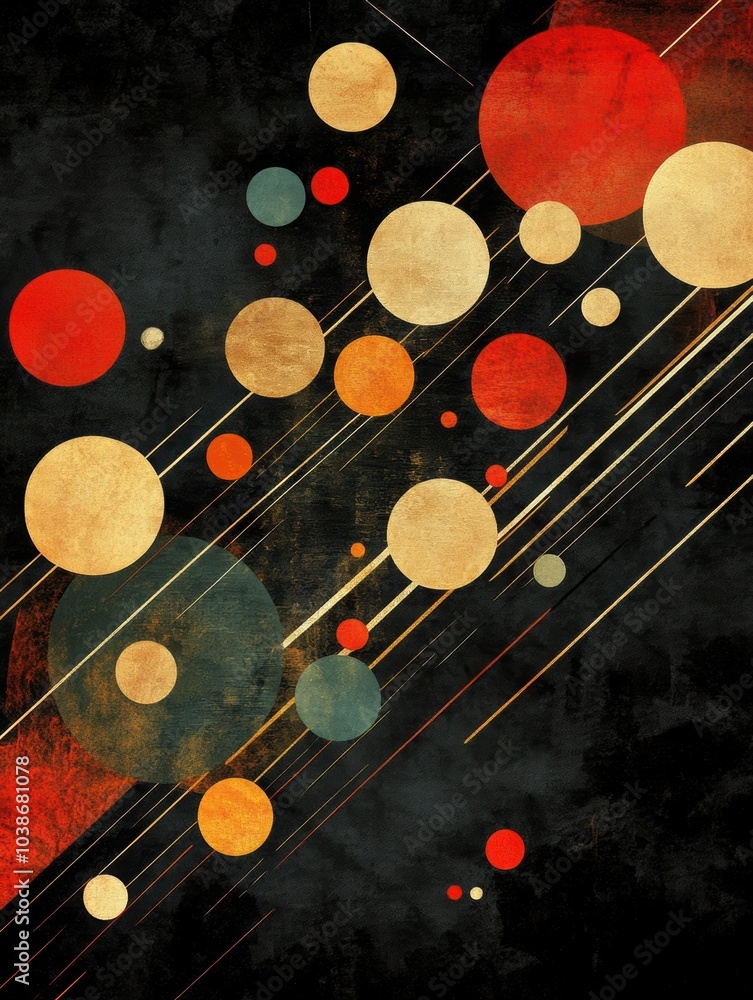 Poster A collection of large and small circles is arranged diagonally, creating a striking abstract pattern against a dark backdrop. Generative AI