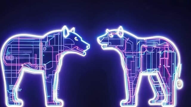 Glowing neon bears materialize against a blue backdrop, representing the bear market concept in stock trading. The vivid colors and bold symbolism highlight financial downturns and market trends.