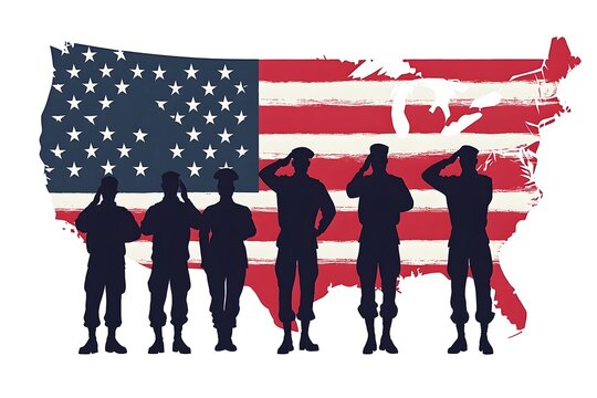 Silhouetted Military Veterans Saluting American Flag Minimalist Design