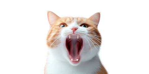 Close-up of a ginger and white cat yawning with mouth wide open, isolated on a white background. Captures feline expression and details.