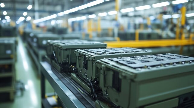 Military vehicle battery production plant creating high-performance, rugged batteries for defense applications.