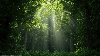 Obraz premium A serene forest scene with sunlight filtering through vibrant green leaves, creating a peaceful and enchanting atmosphere.
